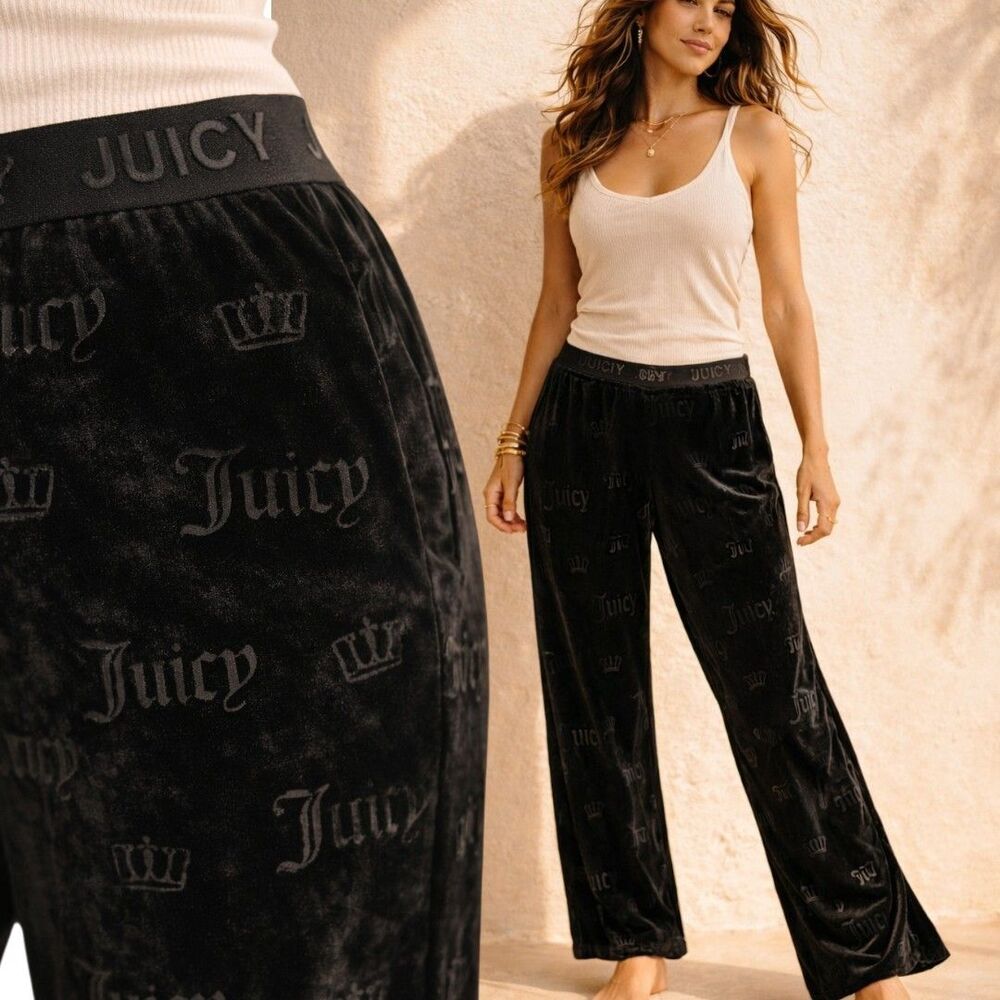 Y2K Juicy Couture M Black Emboss Velour Lounge Pants Gothic Logo Sleepwear